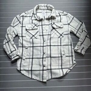 Fornia Womens Plaid Shacket White Black Snap Front Fleece Jacket Medium
